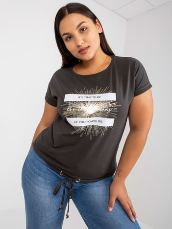 Khaki bawełniany t-shirt plus size z nadrukiem