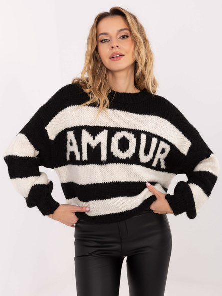 Czarno-ecru damski sweter oversize w paski