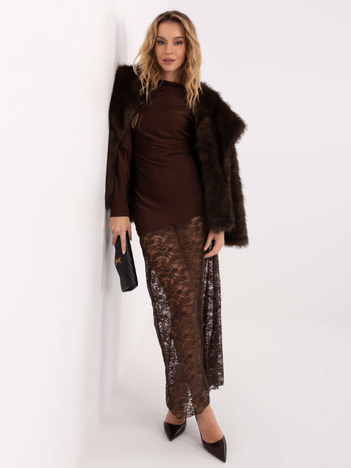Brązowa maxi sukienka z koronkowym dołem