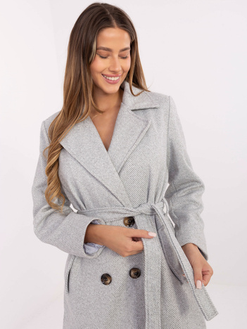 Biało-jasnoszary damski płaszcz z paskiem RUE PARIS