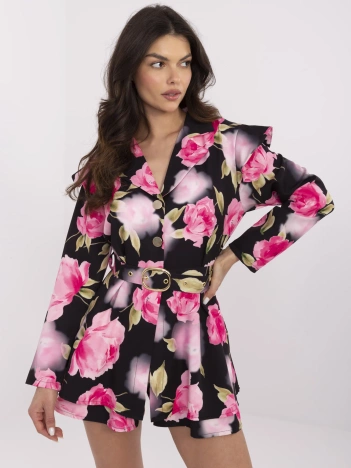 Czarno-różowy krótki kombinezon z paskiem