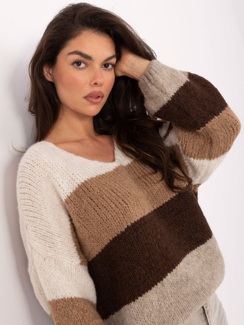 Ecru-brązowy sweter oversize z dekoltem V RUE PARIS