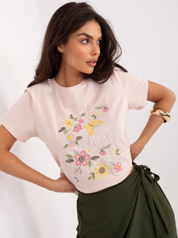 Jasnoróżowy bawełniany t-shirt z koralikami
