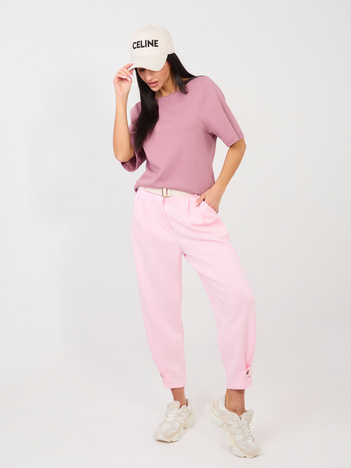 Jasnoróżowe damskie spodnie z ozdobnymi paskami