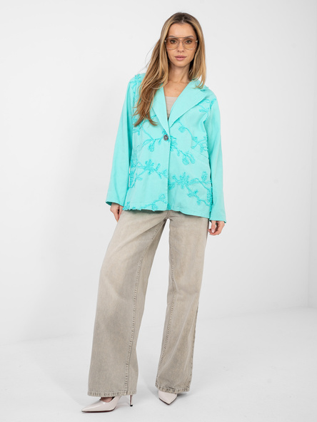 Turkusowa jeansowa marynarka z aplikacją 3D  RUE PARIS