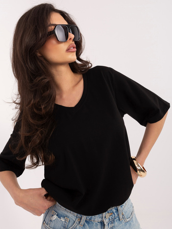 Czarny bawełniany t-shirt z dekoltem V RUE PARIS