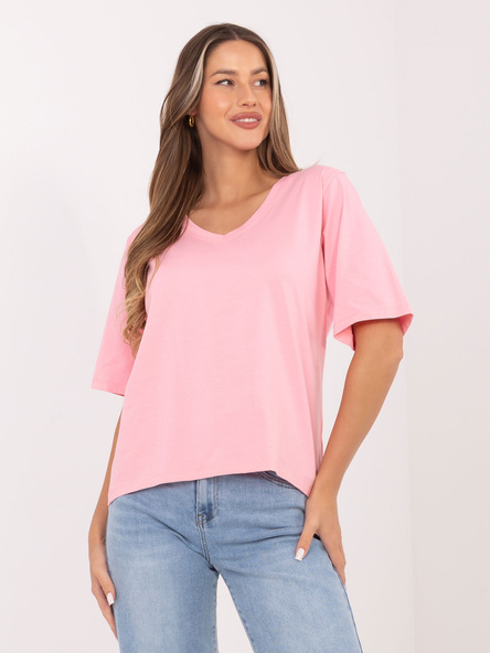 Jasnoróżowy asymetryczny t-shirt basic z bawełny RUE PARIS