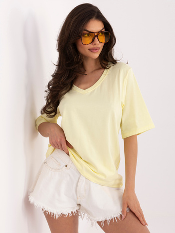 Jasnożółty bawełniany t-shirt z dekoltem V  RUE PARIS