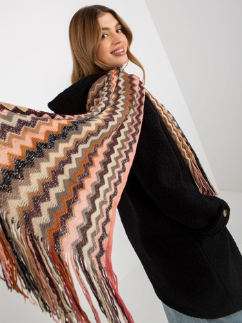 Jasnoróżowy damski wzorzysty szal z frędzlami