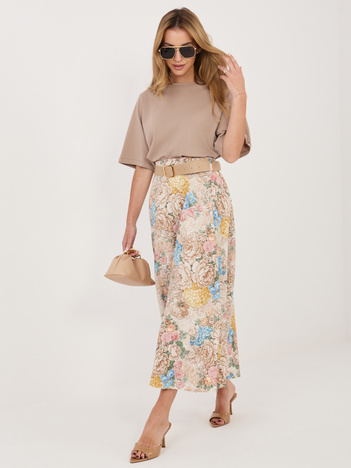 Beżowa rozkloszowana spódnica z paskiem