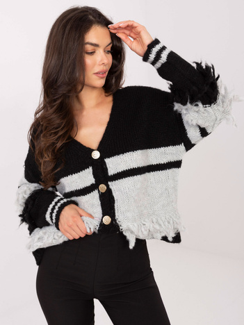 Czarno-szary rozpinany sweter z frędzlami