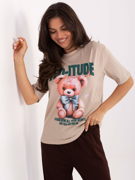 Beżowy t-shirt z nadrukiem misia FRESH MADE