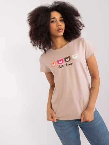 Beżowy damski t-shirt z misiami BASIC FEEL GOOD