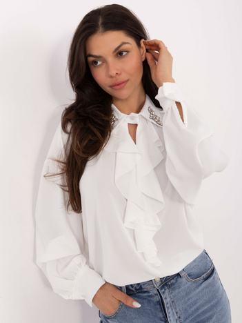 Biała wizytowa bluzka z ozdobnym kołnierzem