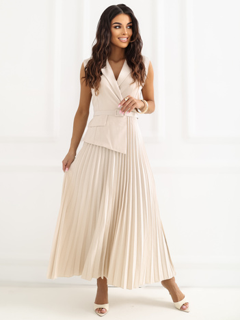 Jasnobeżowa elegancka sukienka z imitacją kamizelki RUE PARIS