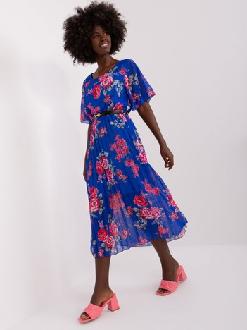 Kobaltowa rozkloszowana sukienka w kwiaty