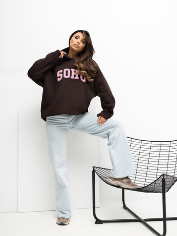 Czekoladowa bluza z kontrastowym napisem RUE PARIS