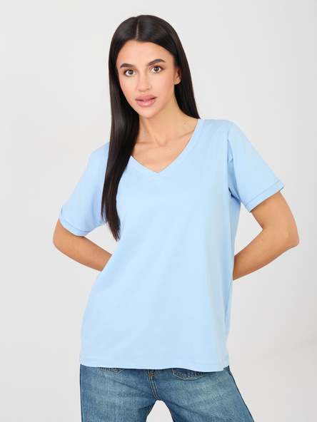 Jasnoniebieski t-shirt basic z dekoltem V RUE PARIS