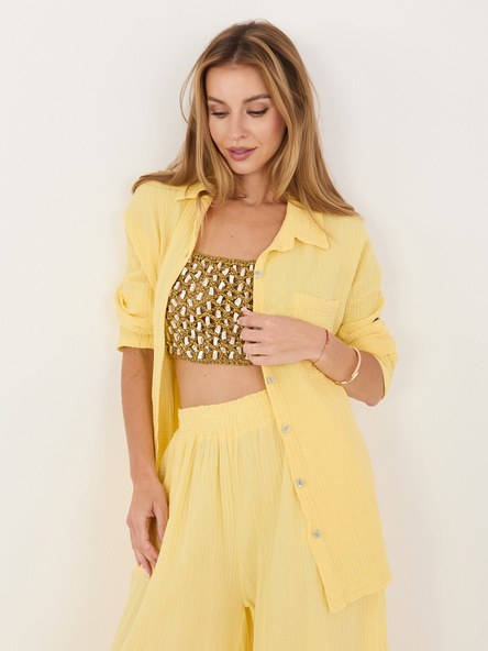 Jasnożółta bawełniana koszula damska muślinowa z kieszenią na co dzień