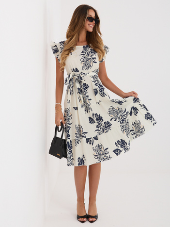 Granatowa midi sukienka z roślinnym wzorem
