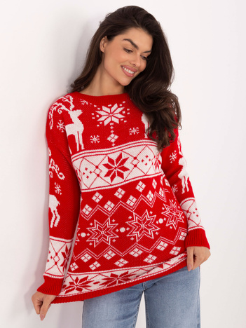 Czerwony długi sweter w śnieżynki