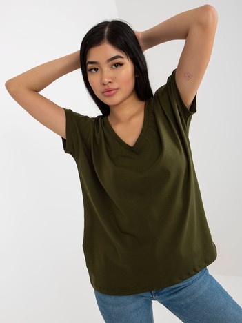 Khaki bawełniany t-shirt basic z dekoltem w serek Emory