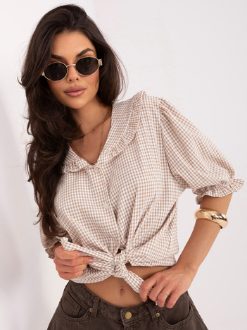 Ciemnobeżowa rozpinana koszula damska w kratę z kołnierzykiem