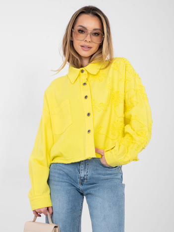 Żółta jeansowa kurtka z kwiatową aplikacją RUE PARIS