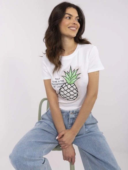 Ecru damski t-shirt z aplikacją w kształcie ananasa