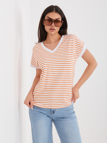 Biało-pomarańczowy damski t-shirt oversize z bawełny