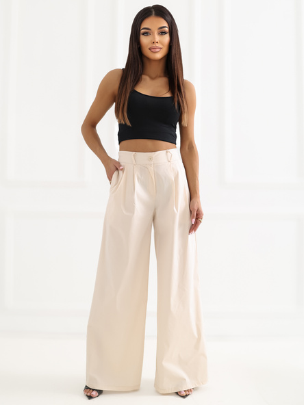 Jasnobeżowe damskie spodnie palazzo z zakładkami RUE PARIS